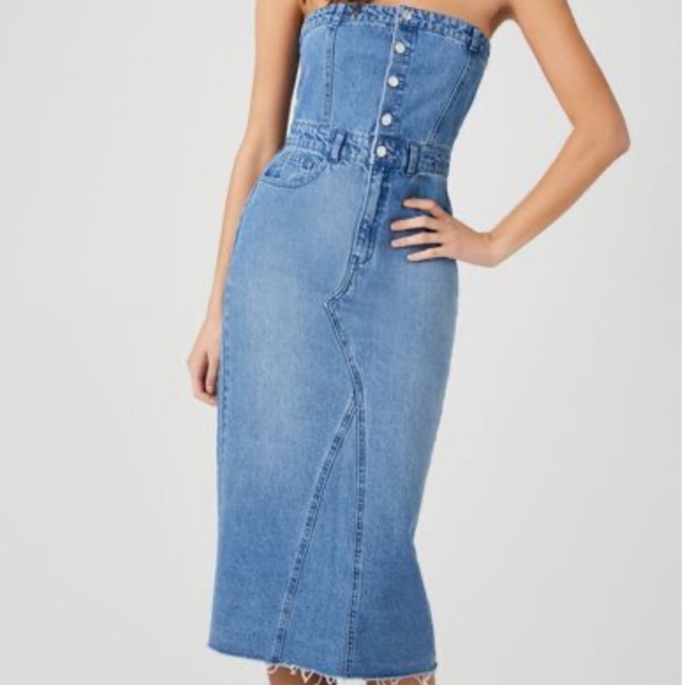 Sincerely Jules Strapless Denim Midi Dress Button Front Smock Back Large Raw Hem